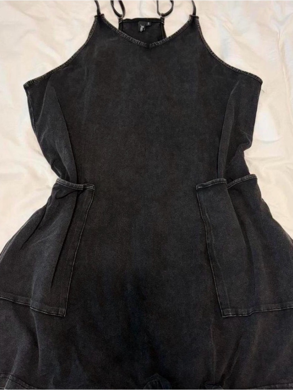 Black Denim Romper with Front Pockets - Picture 3 of 5